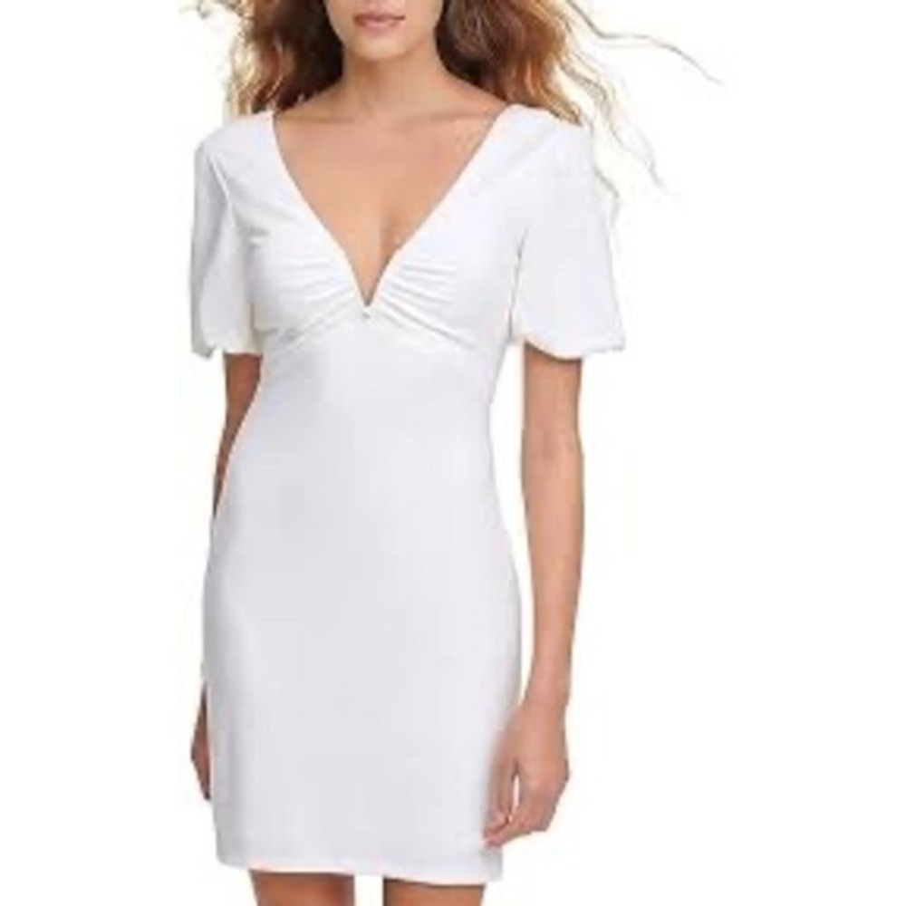 GUESS White V Neck Ruched Front‎ Puff Sleeve Bodycon Mini Dress Size 6